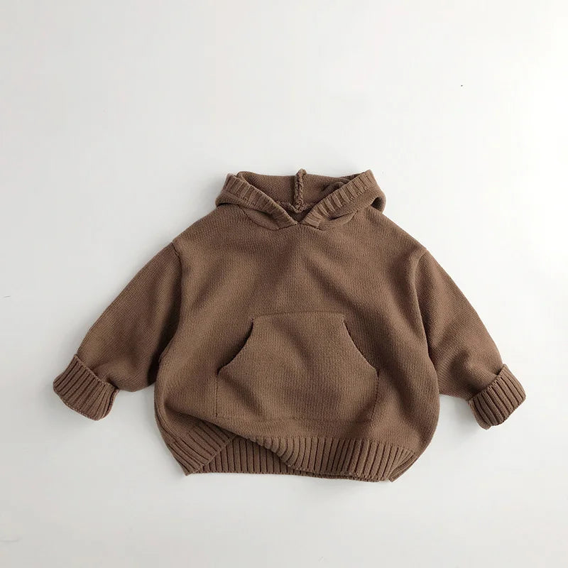 Hooded Fine Knit Sweater for Boys & Girls - Front Pocket, Loose Style Toddler Pullover Coat