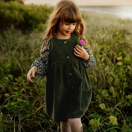 Children's Corduroy Pinafore Dress – Button-Up Vintage Design, Loose Sleeveless Fit for Autumn