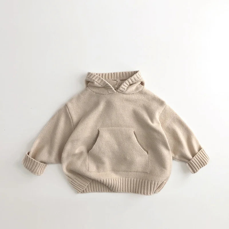 Hooded Fine Knit Sweater for Boys & Girls - Front Pocket, Loose Style Toddler Pullover Coat