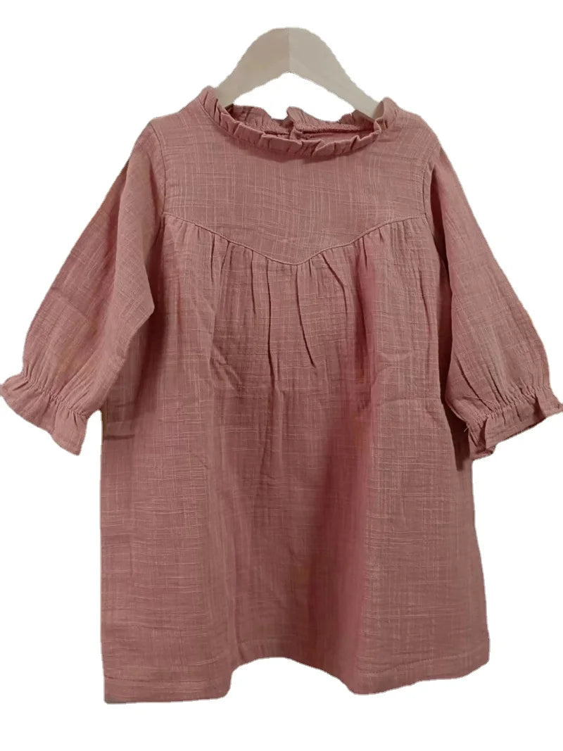 Full Sleeve Loose Girl Dress Muslin Organic Cotton Kids Dresses for Girls Fashion Girls Clothing