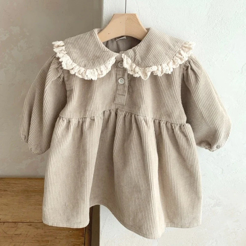 Spring Toddler Girl Dress Peter Pan Collar Full Sleeve Corduroy Dress for Kids