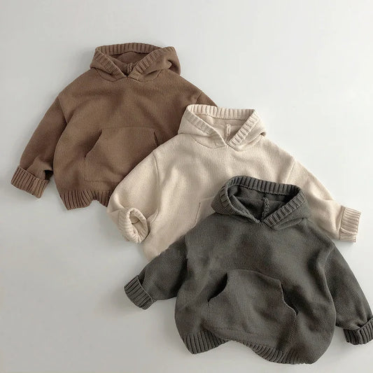 Hooded Fine Knit Sweater for Boys & Girls - Front Pocket, Loose Style Toddler Pullover Coat