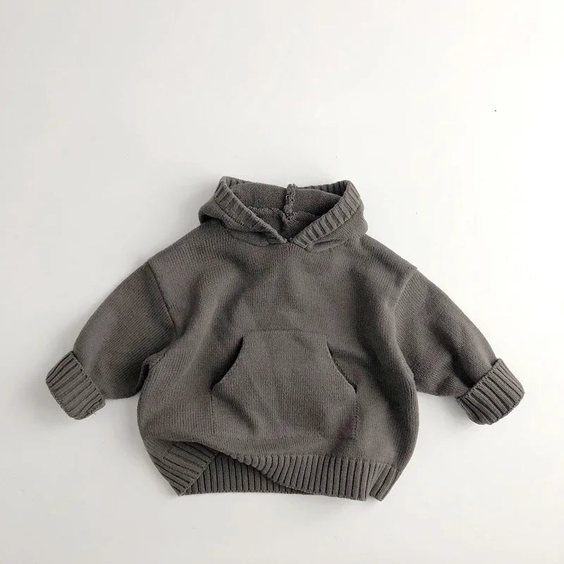 Hooded Fine Knit Sweater for Boys & Girls - Front Pocket, Loose Style Toddler Pullover Coat